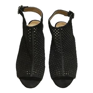 Lucky Brand perforated sling back suede shoe w/buckle back & stacked wood heel.